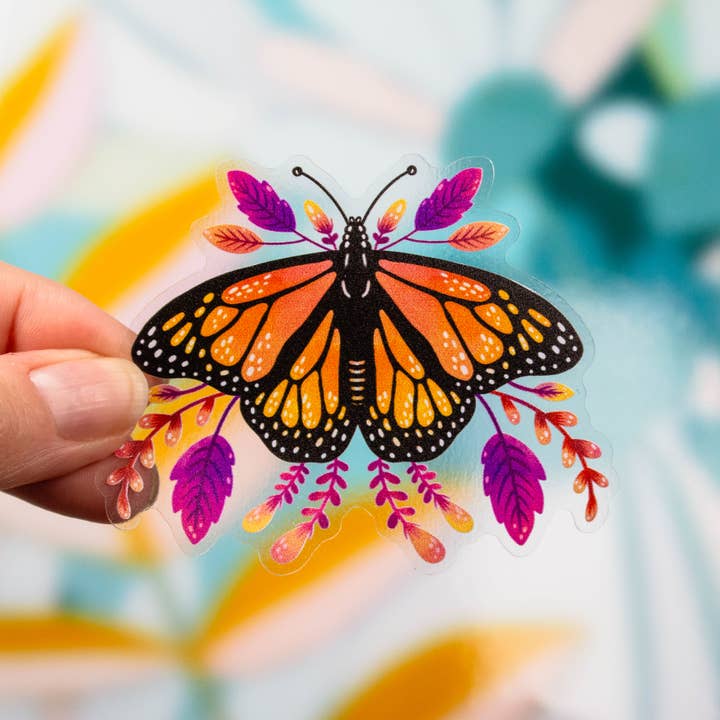 Clear Monarch Butterfly Purple Floral Sticker 3x2.4 inch for wholesale by Paper Pattern Silk