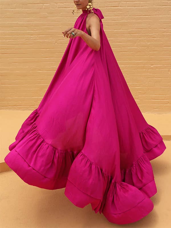PINK Falbala Stand Collar Maxi Dress for wholesale on Faire