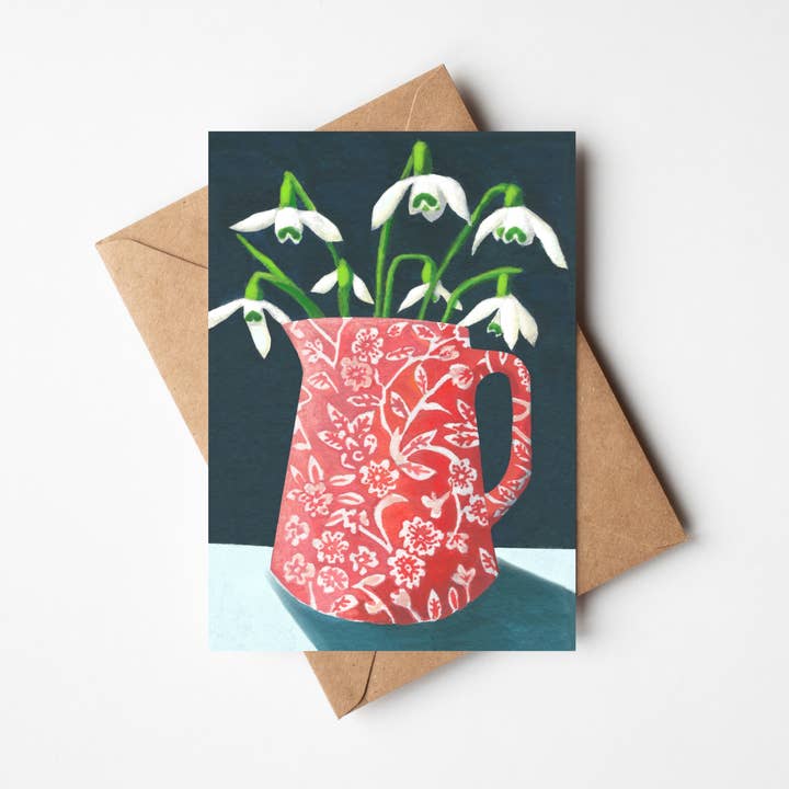 Snowdrops in Calico Jug Card for wholesale by Susie Hamilton Art
