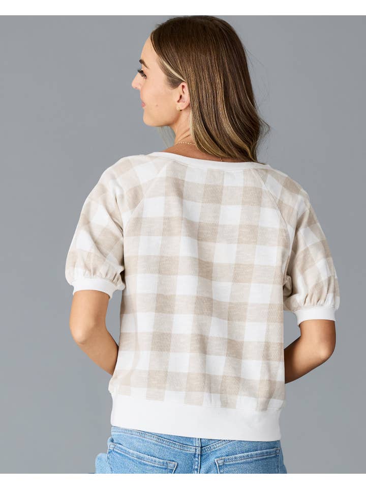 Grey Check Powder Puff Sleeve Top for wholesale on Faire
