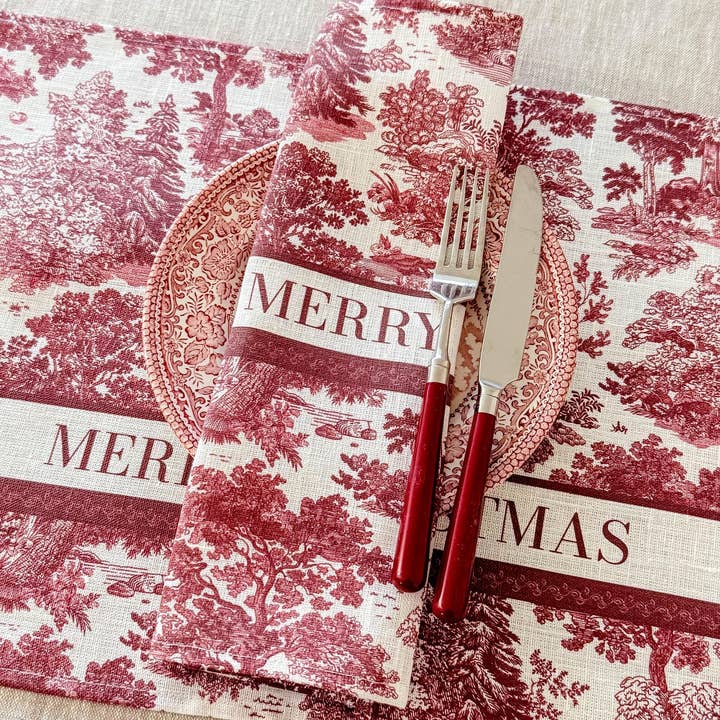 Suisse Maison de Lin - Wholesale Dinner & cloth napkin - Christmas Red Toile Vintage Holiday Natural Linen Napkins3