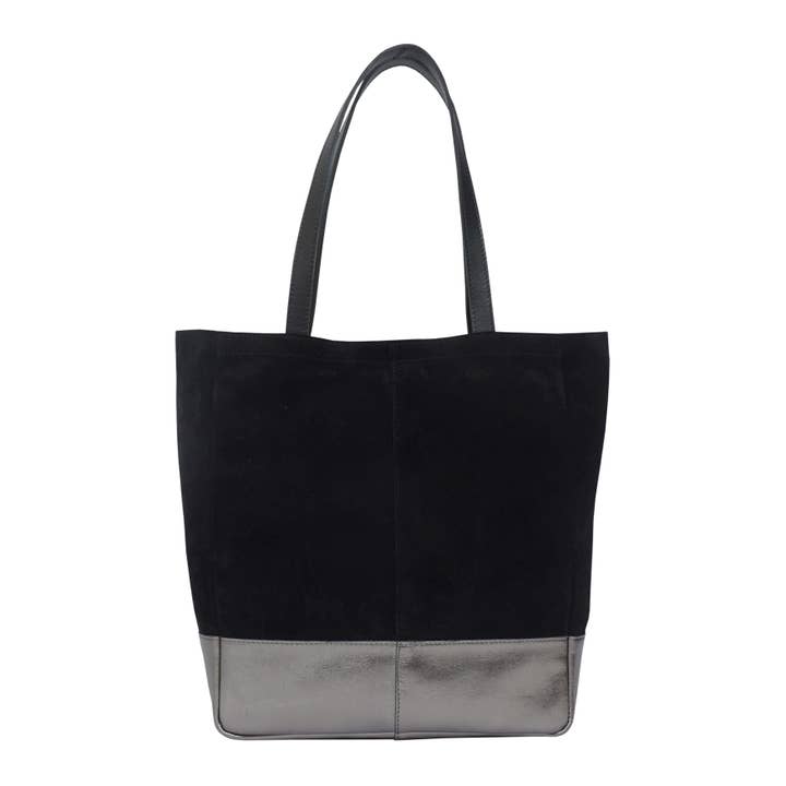 Assots London - Wholesale Tote Bag - Women's - 'PAIGE' Black Real Leather + Pewter Metallic Leather Tote