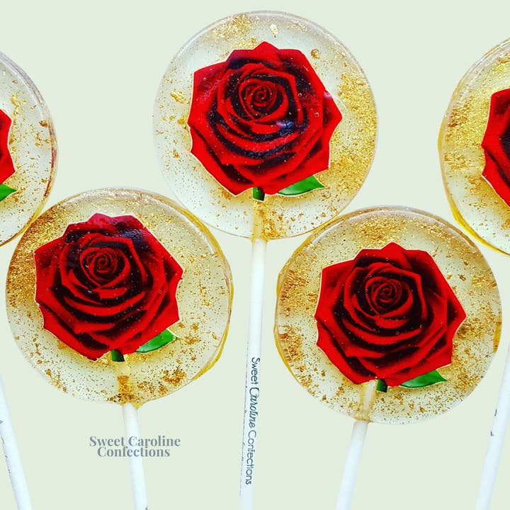 Sweet Caroline Confections - Wholesale Lollipop - Red Rose Lollipops, Strawberry, 10/Case - VEGAN1