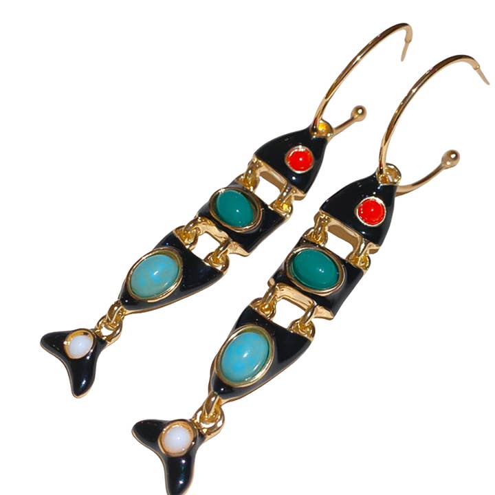 HoopLa - Wholesale Dangle Earrings - Open Hoop Fish Multi Stone Earrings- Waterproof2
