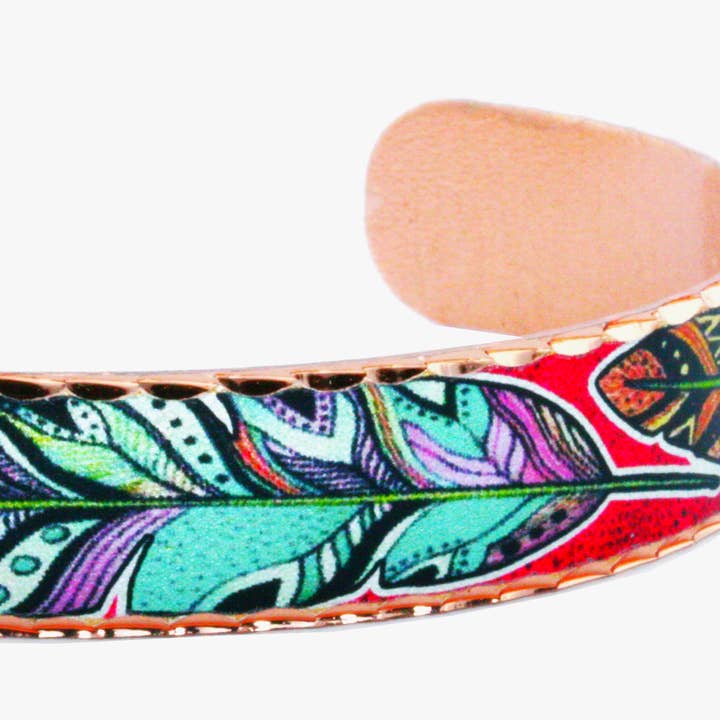 BNS 612 Colorful Feather Artwork Copper Cuff Bracelet for wholesale by COPPER ARTS INC.