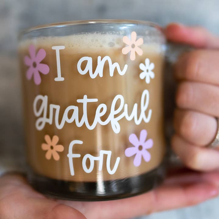 I am Grateful For Coffee Cup, Affirmation Clear Glass Mug, for wholesale by Bodhi Life Design