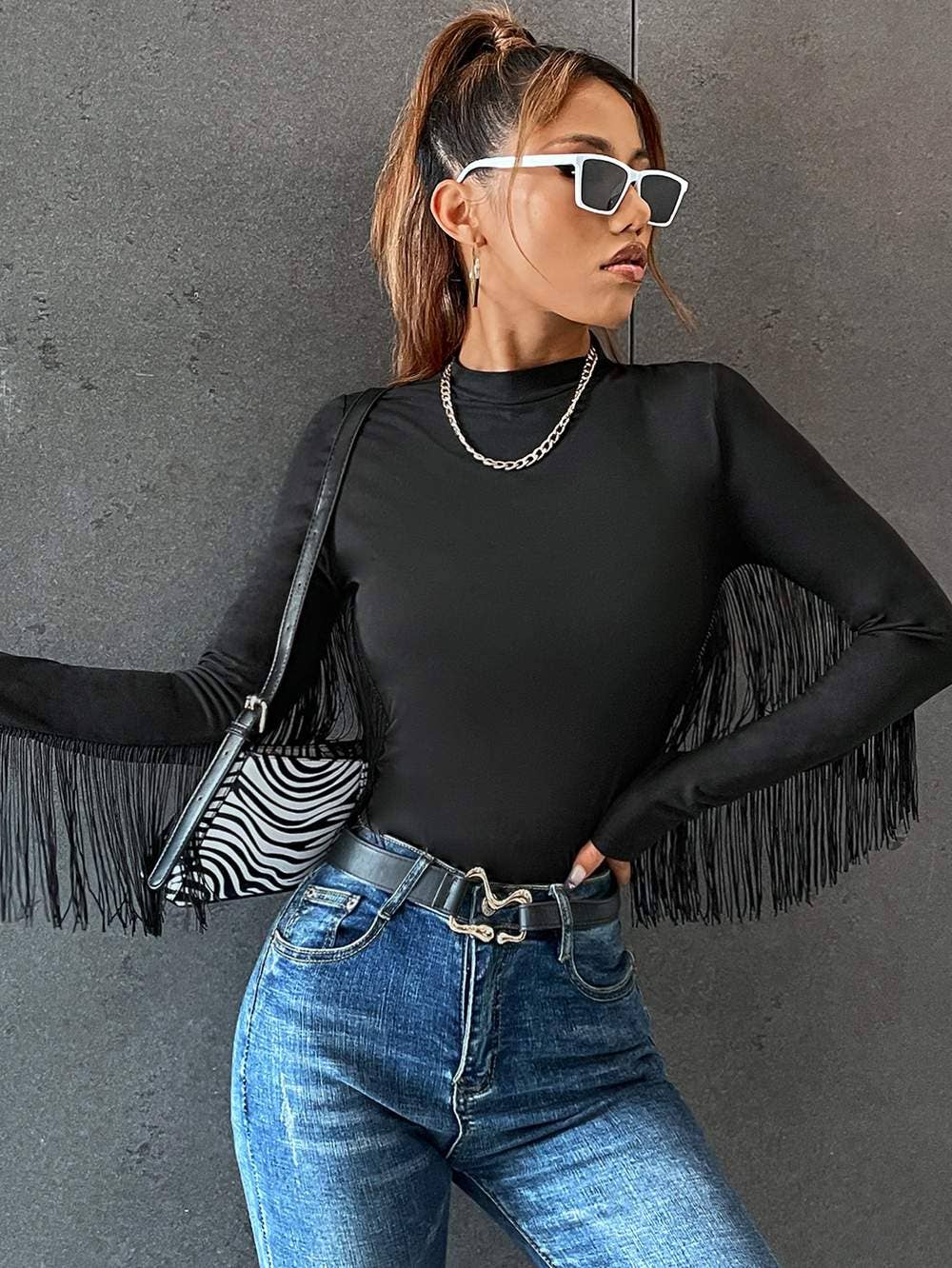 Flarix - Wholesale Blouse - Women's - fringe trim solid fitted tee7