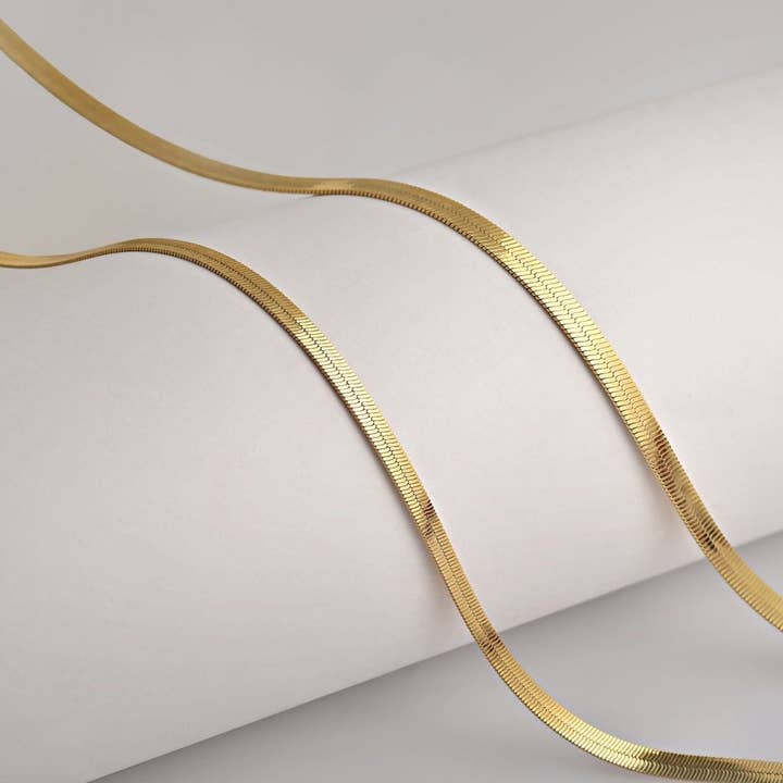 Aim Eternal - Wholesale Link & Chain Necklace - Herringbone Chain Necklace | 18K Gold Filled Herringbone Chain, Layered Necklace, Flat Snake Chain, Skinny Gold Chain Everyday Wear | Stainless Steel, Gold Filled 3mm 4mm | WA-930 to WA-9361