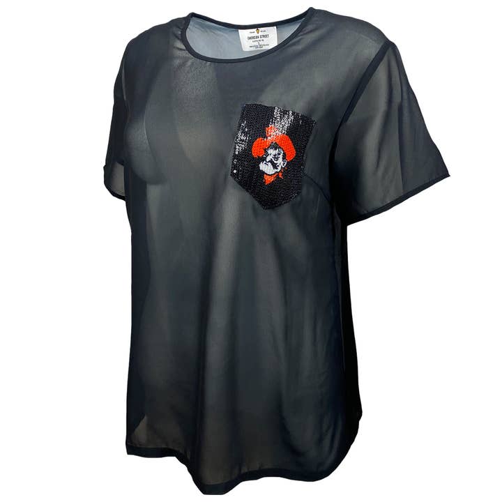 Oklahoma State Cowboys Short Sleeve Sheer with Sequin Pocket for wholesale by Emerson Street Clothing Co Collegiate Shop