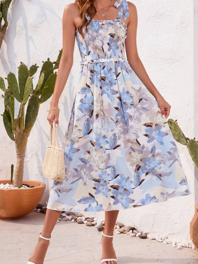 UNISHE - Wholesale Dress - Women's - Spaghetti Floral SLeeveless Smocked Dress AYY025