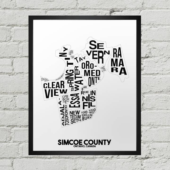 Impresión de Mapa Tipográfico de Ciudades de los Municipios del Condado de Simcoe para venta al por mayor de Damon D Chan
