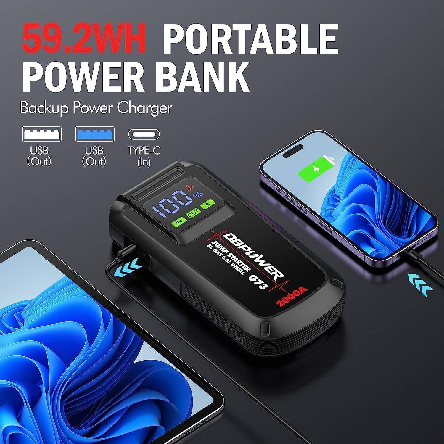 Black Jump Starter 2000A Peak Portable Car Jump Starter for Up to 8.0L Gas and 6.5L Diesel Engines for wholesale on Faire2