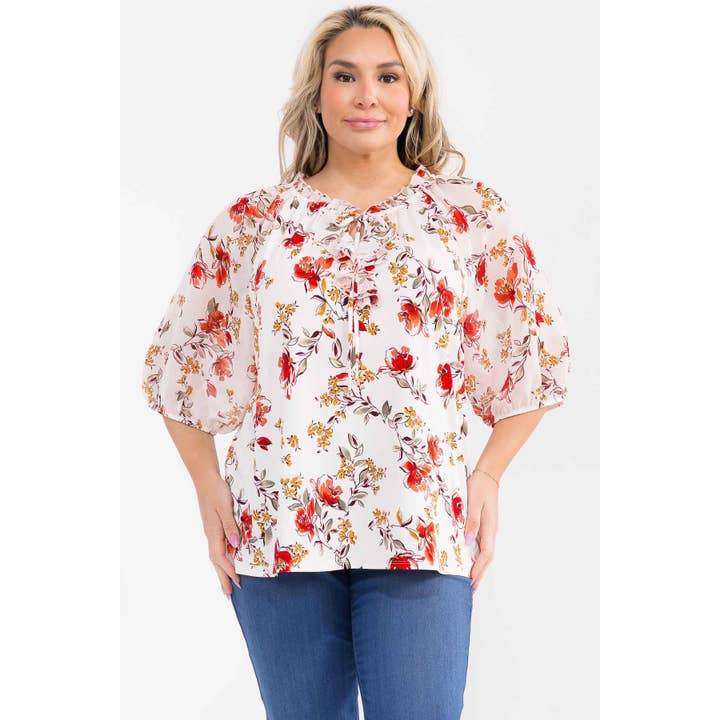 PLUS FLORAL MIX MÉDIA BLOUSE PAYSANNE À NŒUD pour la vente par Perseption