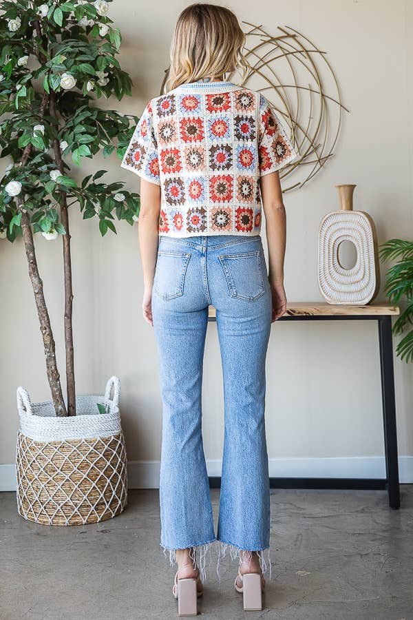 miroh - Vente Haut en maille – femme - Haut boutonné en crochet à motif floral7