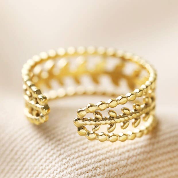 Lisa Angel - Wholesale Band/Stacked Ring - Adjustable Stainless Steel Grecian Leaf Ring in Gold2