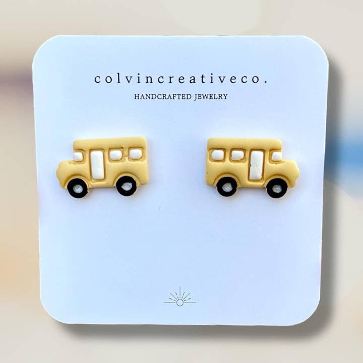 Handmade Polymer Clay School Bus Stud Earrings for wholesale by colvincreativeco.