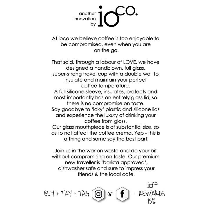 IOco Gift Designers - Wholesale Insulated Mug/Tumbler - IOco 8oz Eco Glass Coffee Travel Cup - With Glass Lid