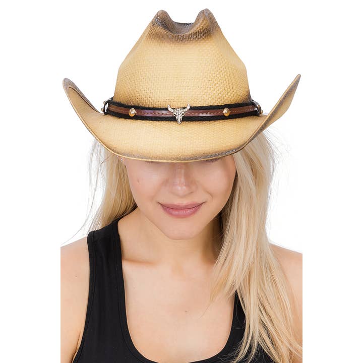 Cap Zone - Wholesale Cowboy Hat - Women's - Buffalo Skull Emblem Belt Quarterhorse Straw Cowboy Hat