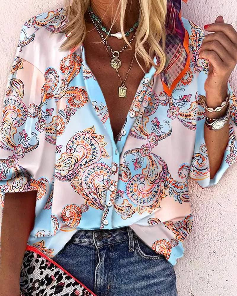 MULTICOLOR baroque print lantern sleeve button down shirt for wholesale on Faire5