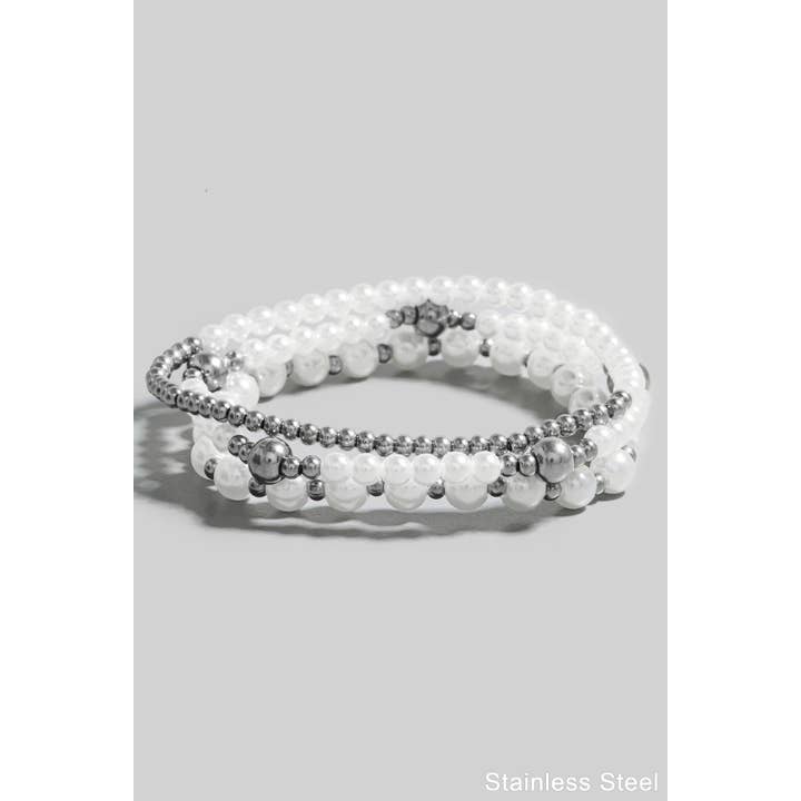 Pearl And Stainless Steel Beaded Bracelet Set for wholesale by The Looks by Fame Accessories