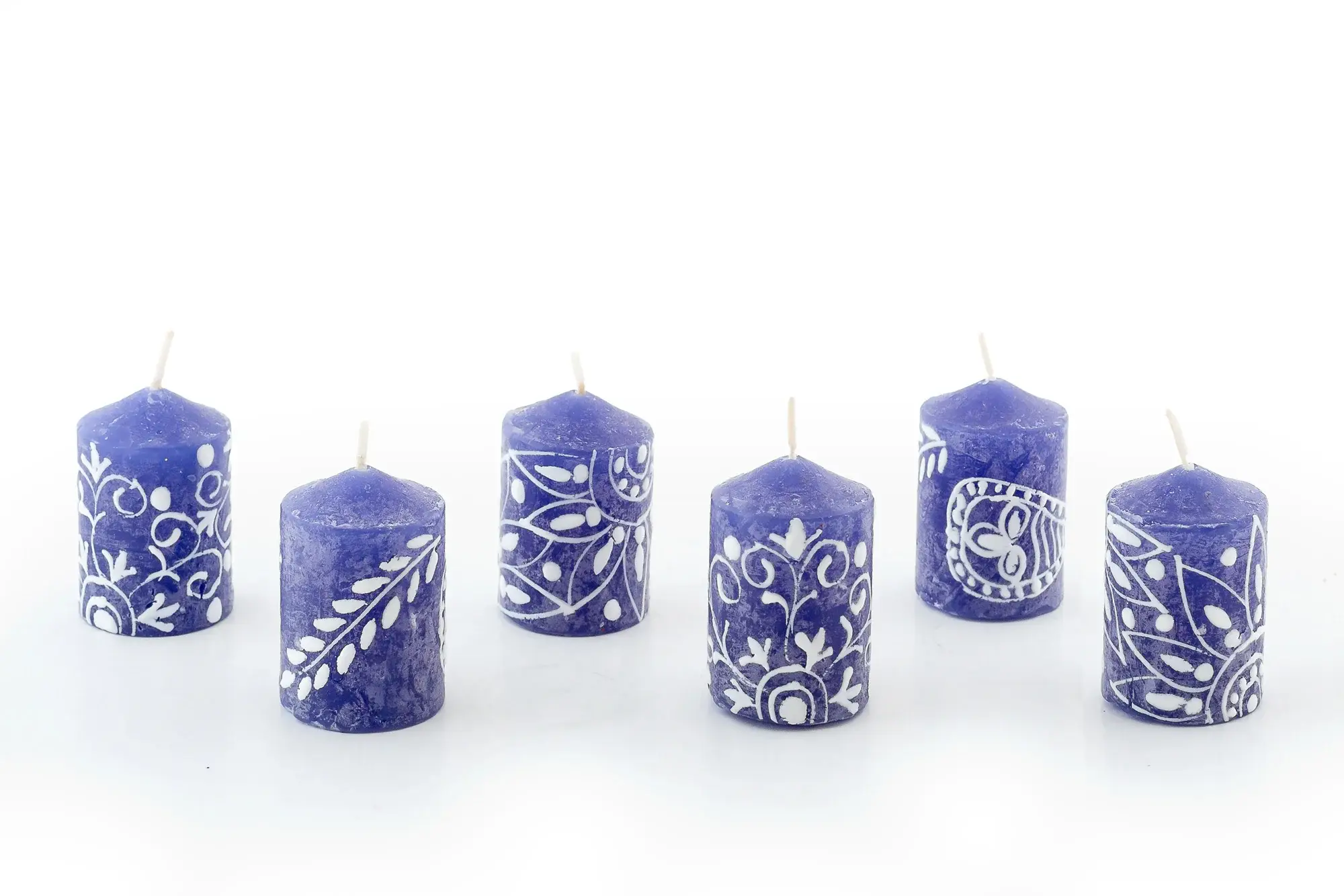 Thumbprint Artifacts - Wholesale Tapered Candle/Candlestick - Henna White on Blue Candle6