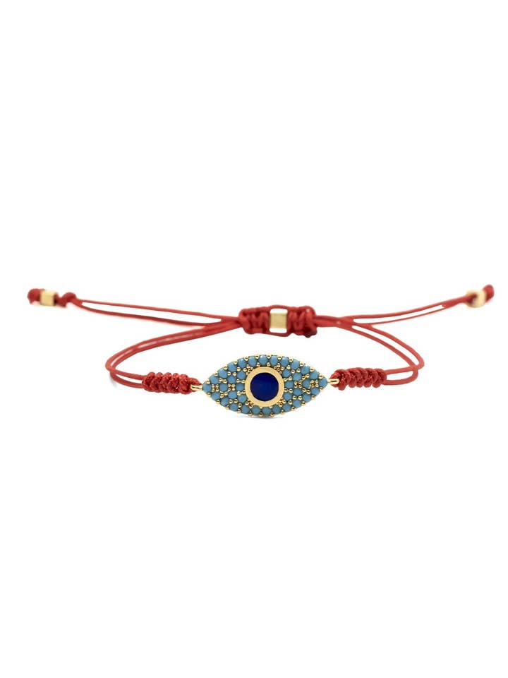 Bracelet Evil Eye à fil rouge, bracelet en zircone cubique bleu pour la vente par Atelier Petites Pierres