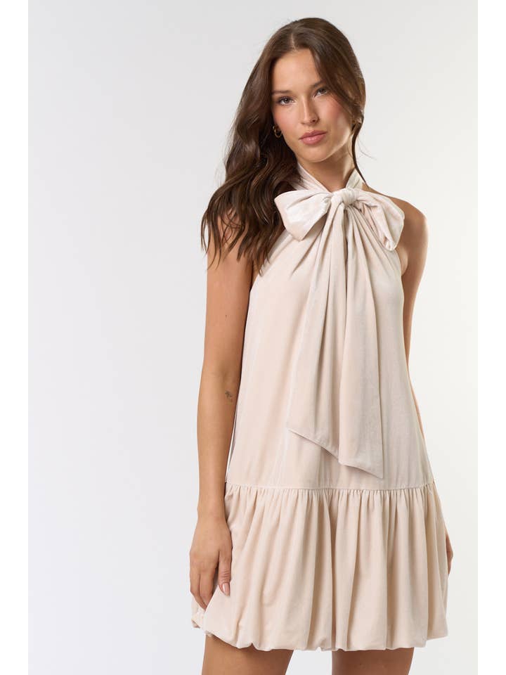 Lalavon - Wholesale Dress - Women's - ILD5091-1Â VELVET HALTER BOW TIE BUBBLE HEM MINI DRESS
