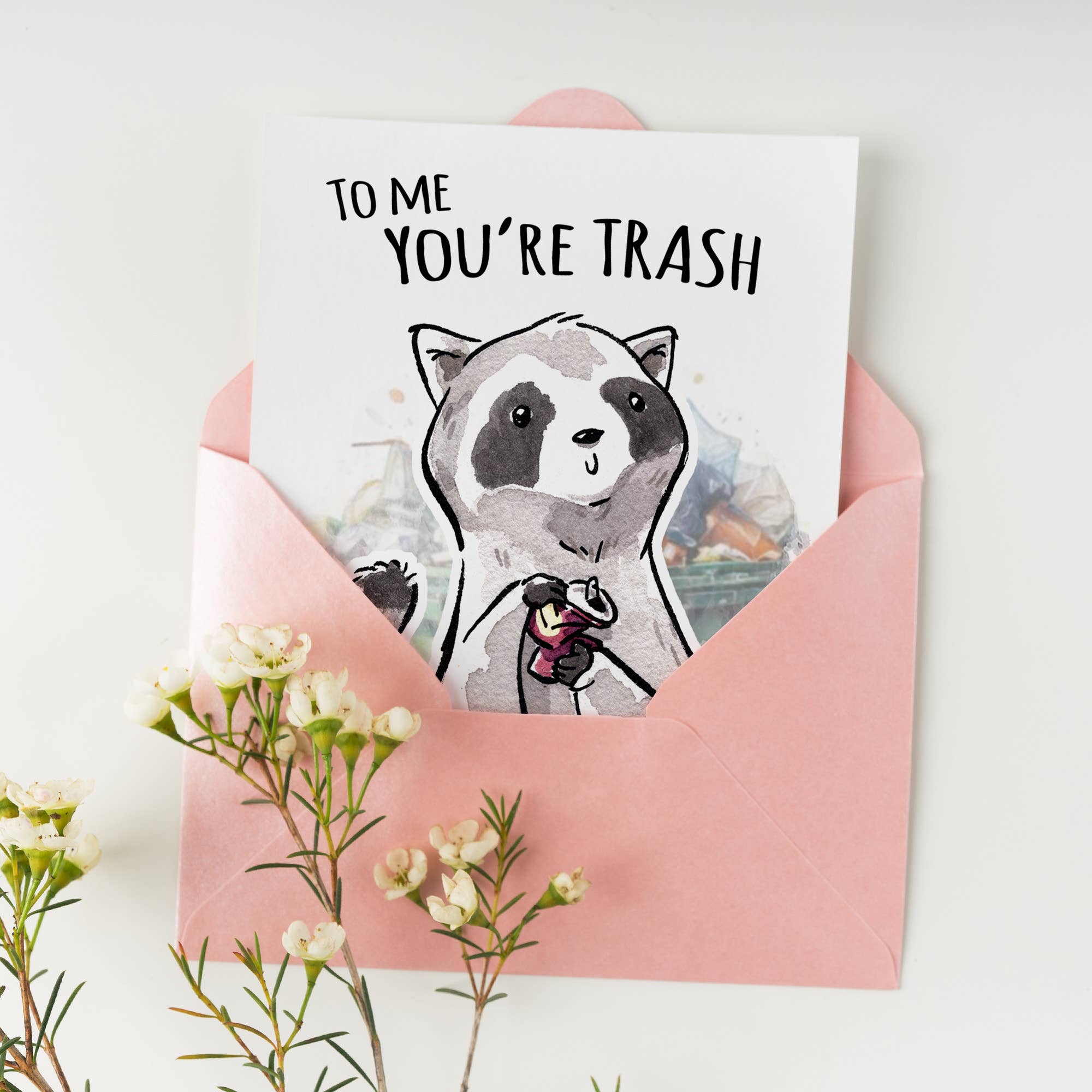 Aaron Millard Illustration - Wholesale Birthday Card - "You're Trash" - Raccoon Valentines, Love, Birthday Card3
