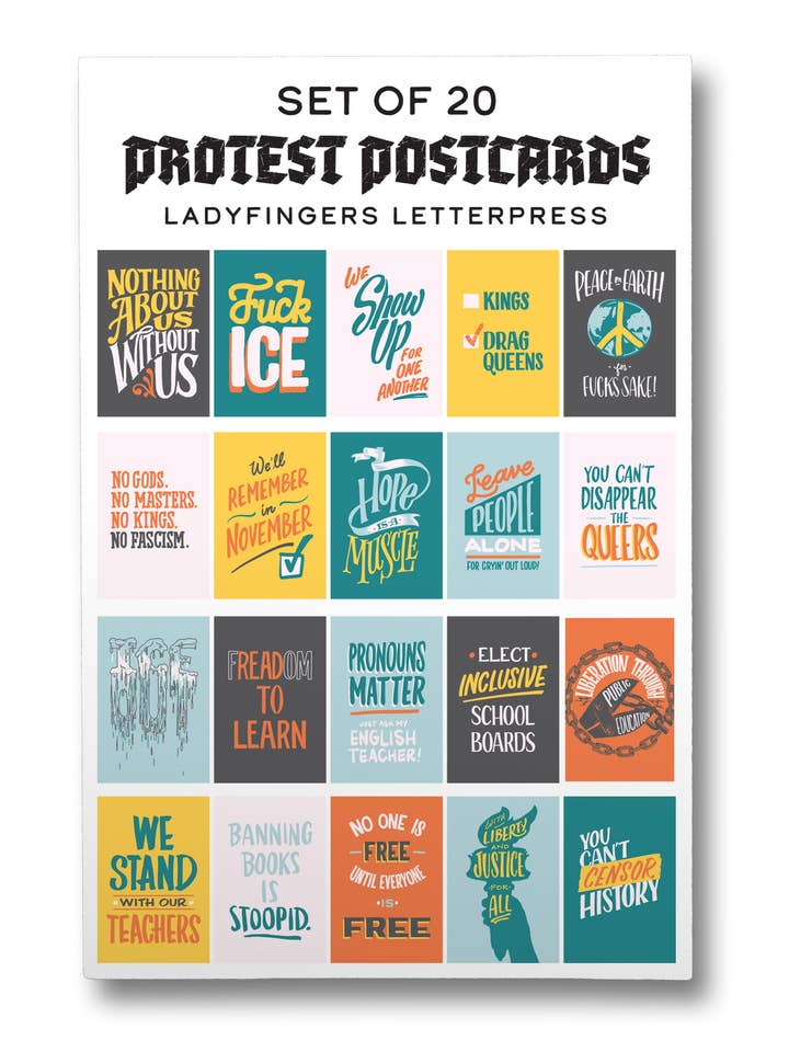 Set of 20 Protest Postcards (Set 2) for wholesale by Ladyfingers Letterpress