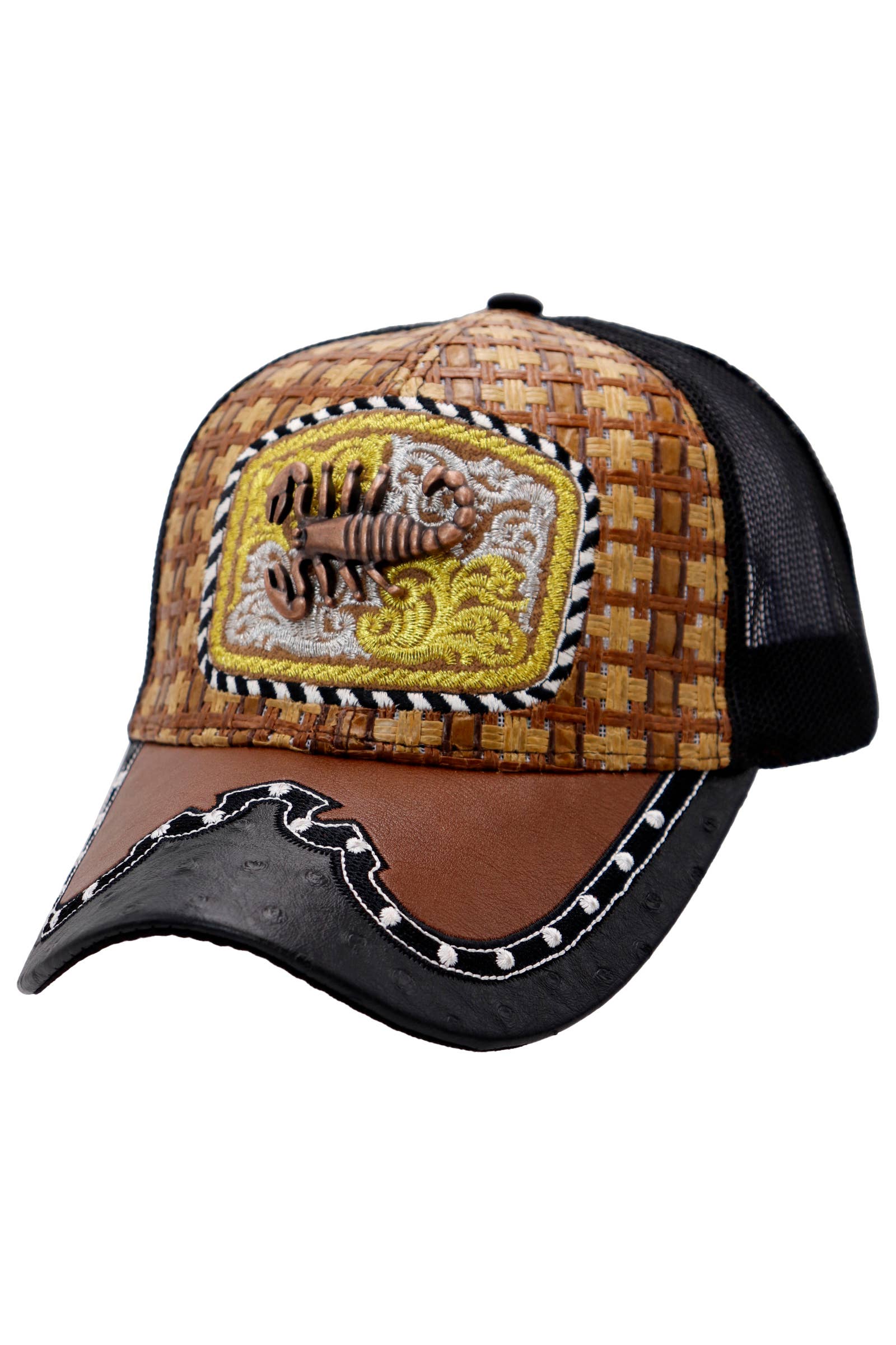 Cap Zone – Engroshandel Trucker hat - Unisex – Bronzed Emblem Vegansk Læder Strå Mesh Charro Kasket1