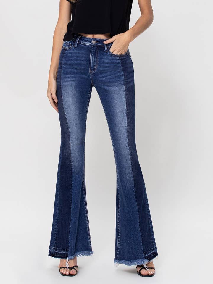 HIGH RISE CONTRAST PANEL FLARE JEANS V2675 for wholesale by VERVET by FLYING MONKEY
