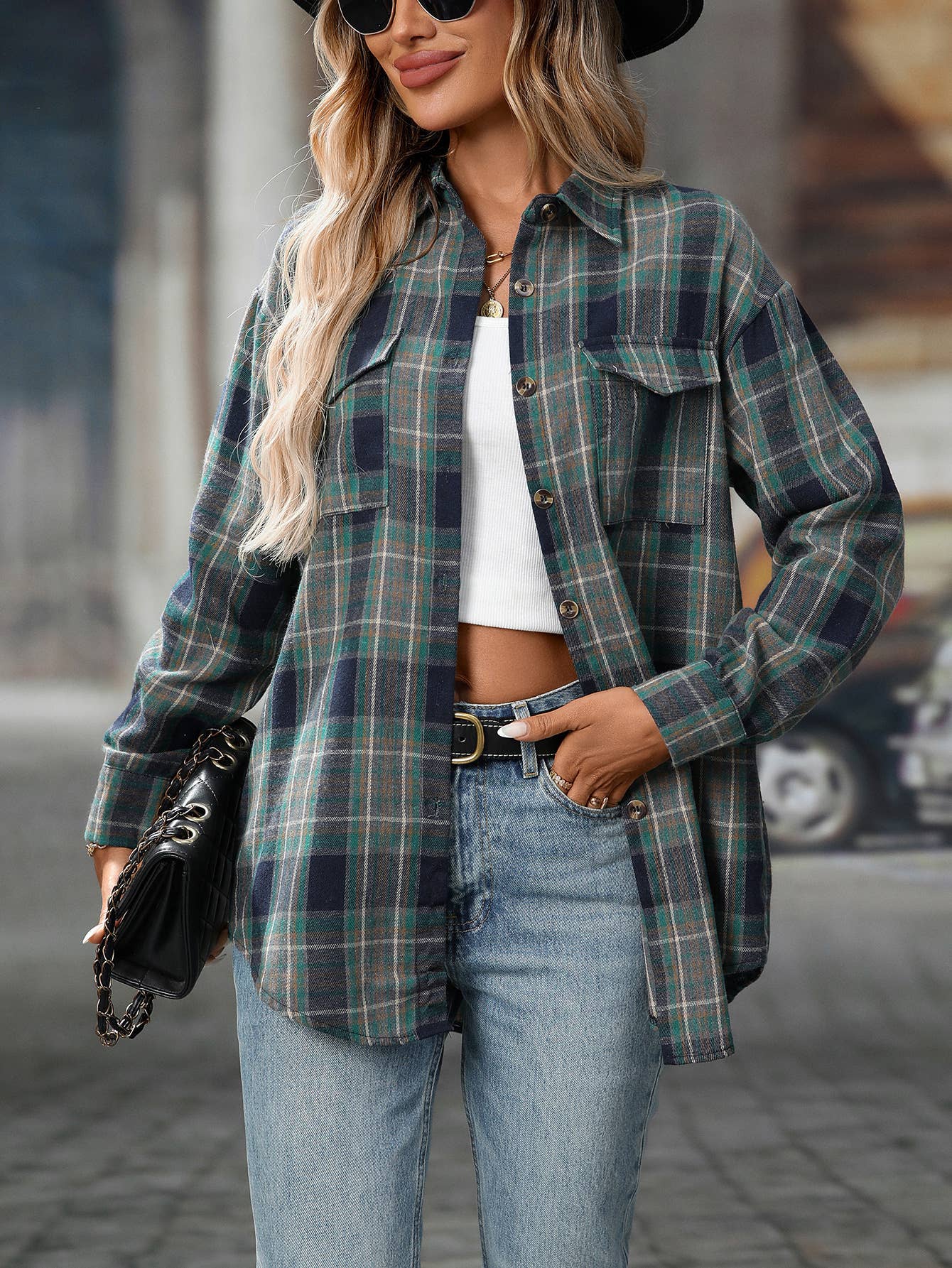 FULL TIME PURCHASE - Wholesale Button Down Shirt - Women's - Plaid Print Chest Pockets Buttoned Shirt38