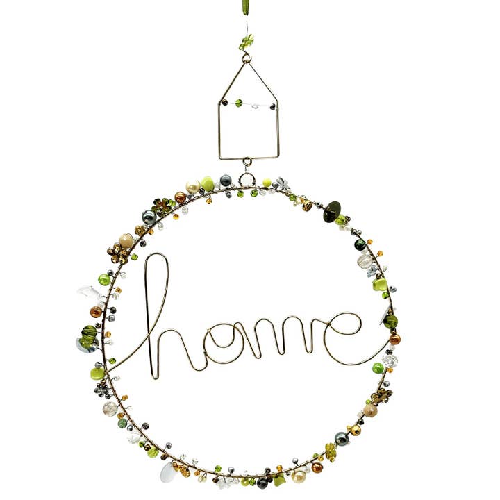 Corona di perle Ø 20 cm con scritta «Home», verde/oro per la vendita all'ingrosso da parte di Mea-Living