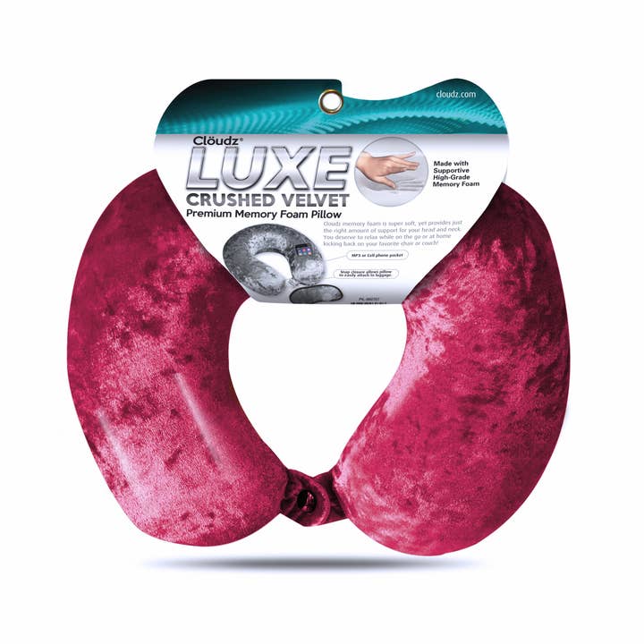 Cloudz - Wholesale Travel Pillow - Cloudz LUXE Crushed Velvet Memory Foam Travel Pillow- Red
