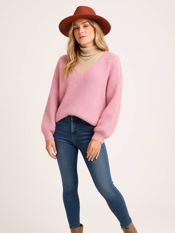 Italienischer Lockerer V-Ausschnitt Lana Grobstrickpullover für den Großhandel von Miss Bold