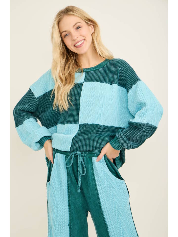 J.Her - Wholesale Knit Sweater - Women's - Mineral Washed Fall Winter Boho block Sweather Top HT67918