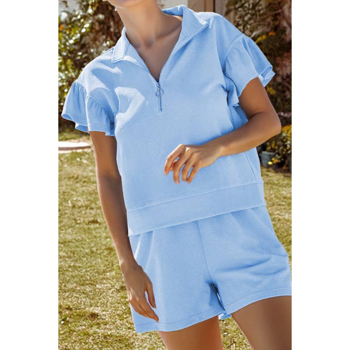 Rib Texture Half Zip Ruffle Short Sleeve Top and Shorts Set for wholesale by fashionworks