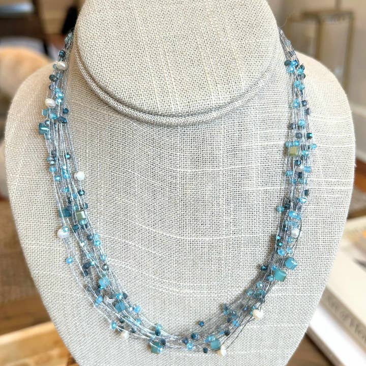 Crossroads Accessories Inc - Wholesale Beaded/Pearl Necklace - Silk Thread Pearl and Crystal Blue Tones Necklace
