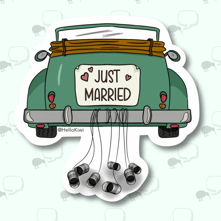 Just Married Wedding Gift, Waterproof Sticker for Newlyweds for wholesale by Hello Kiwi