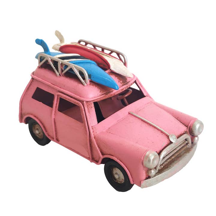 Retro metalen roze autominiatuur met surfplanken voor wholesale door giftland