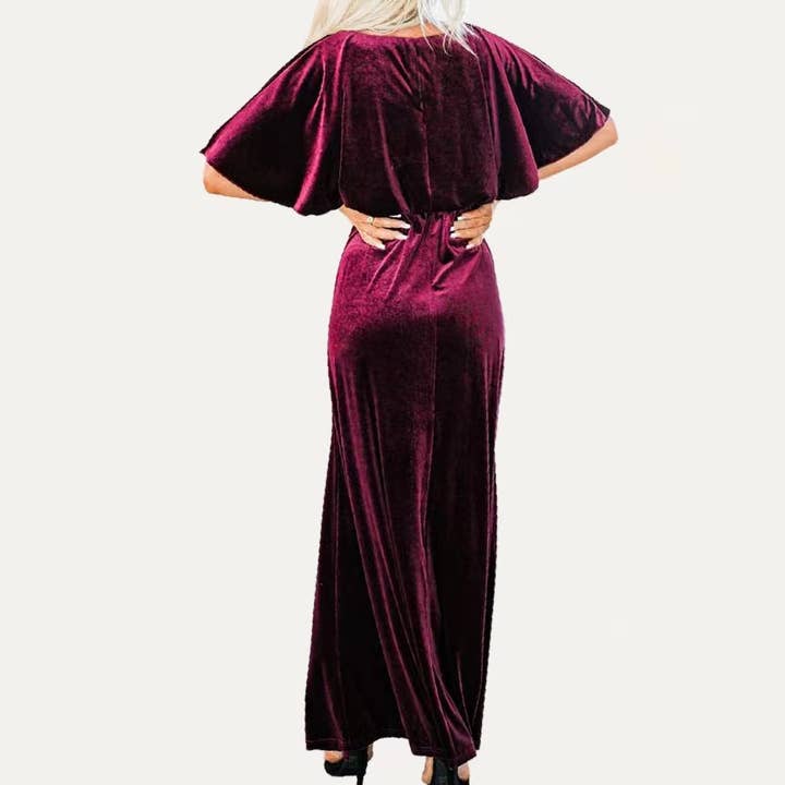 The Moment Collection - Wholesale Dress - Women's - Solid Velvet Round Neck Half Sleeves Maxi Dress