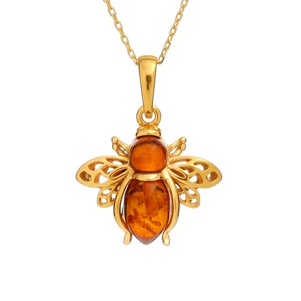 Colgante con forma de abeja ámbar en coñac, plata chapada en oro 925, 1,6+0,8 cm para venta al por mayor de OPALOOK France