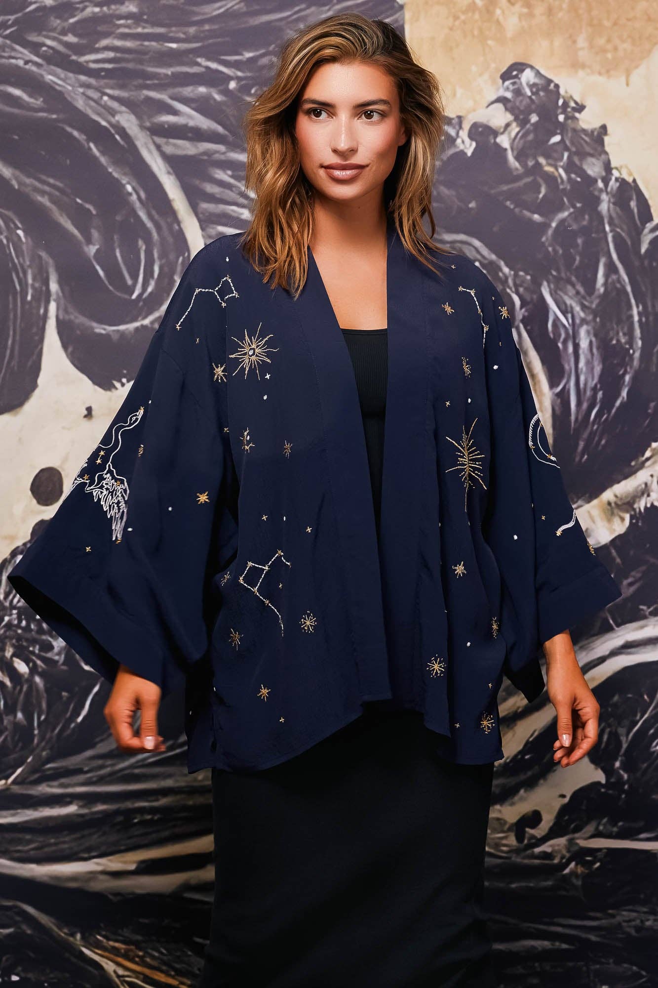 Artemis Muse – wholesale Kimono – Women's – Cosmos Embroidered Navy Blue, Ivory and Gold Fully Lined Short Kimono1