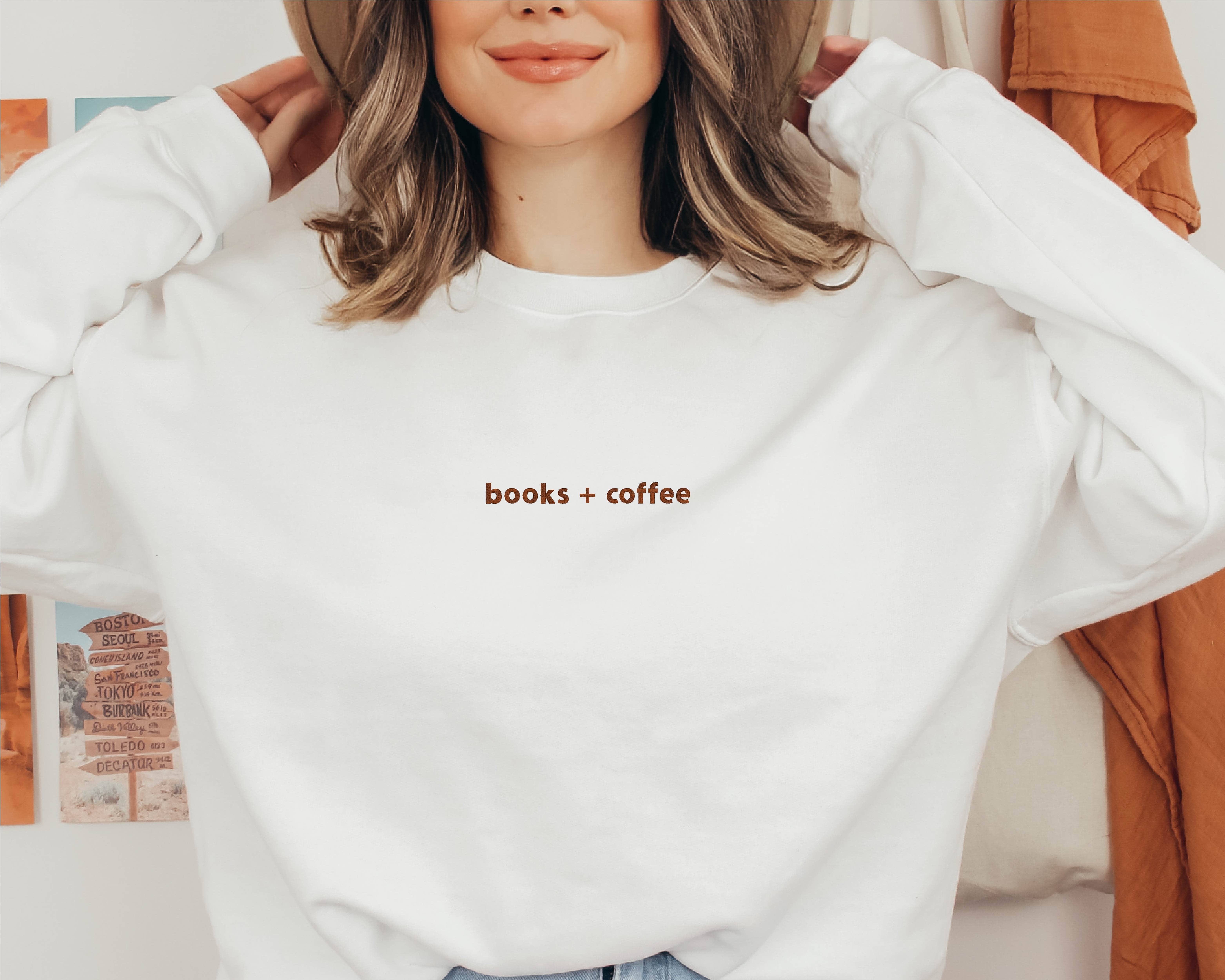 P E T I T R U E - Wholesale Sweatshirt - Women's - EMBROIDERED Books + Coffee Sweatshirt for Women Minimalist4