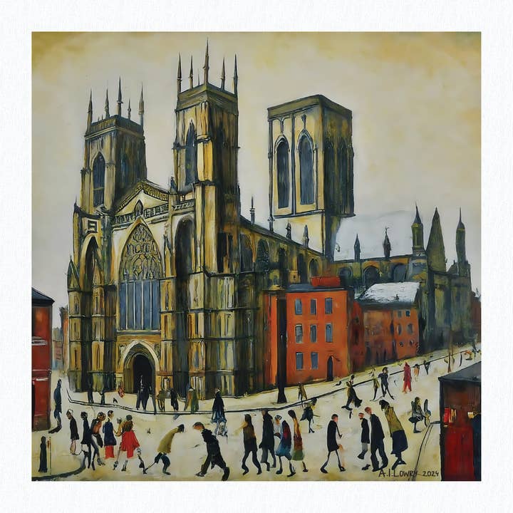 York Minster - Giclée Art Print 21cm Square. Fabulous Image in the Style Of LS Lowry for wholesale by AI Lowry