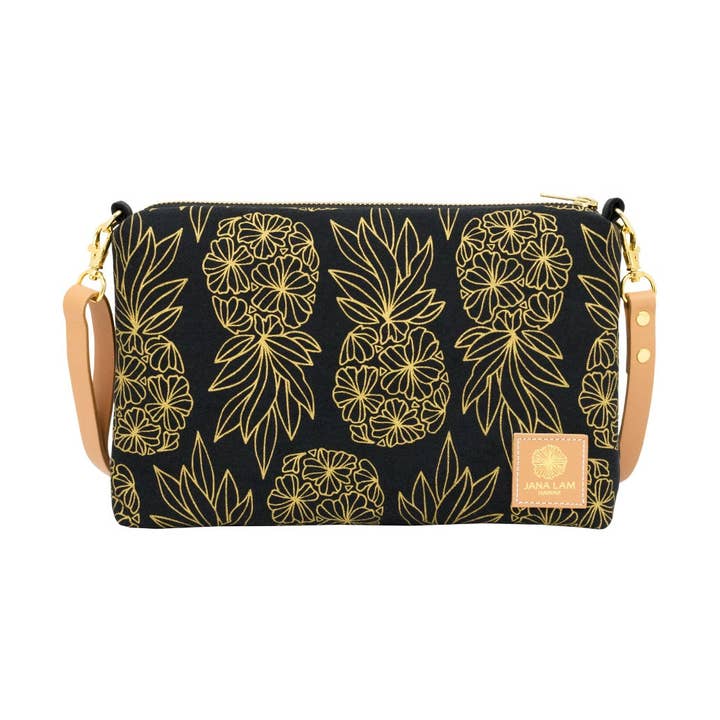 Slim Zipper Cross Body • Seaflower Pineapple • Gold on Black Fabric for wholesale by Jana Lam