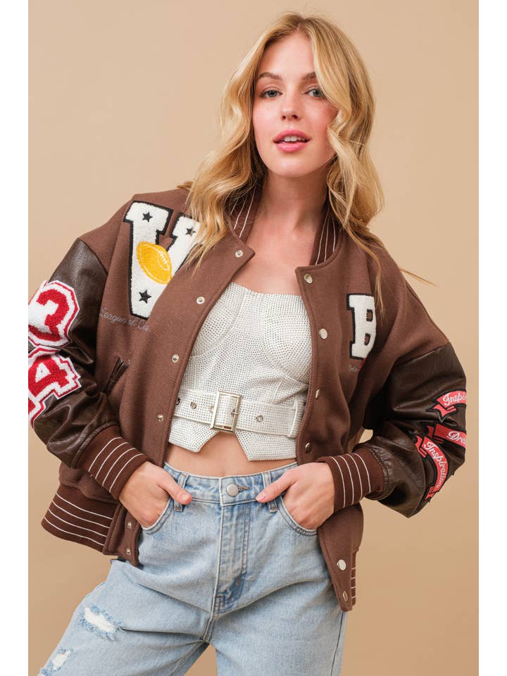 Blue B - Wholesale Varsity/Baseball Jacket - Women's - 50076J-Boucle Patches Faux Leather Letterman Varsity Jacket