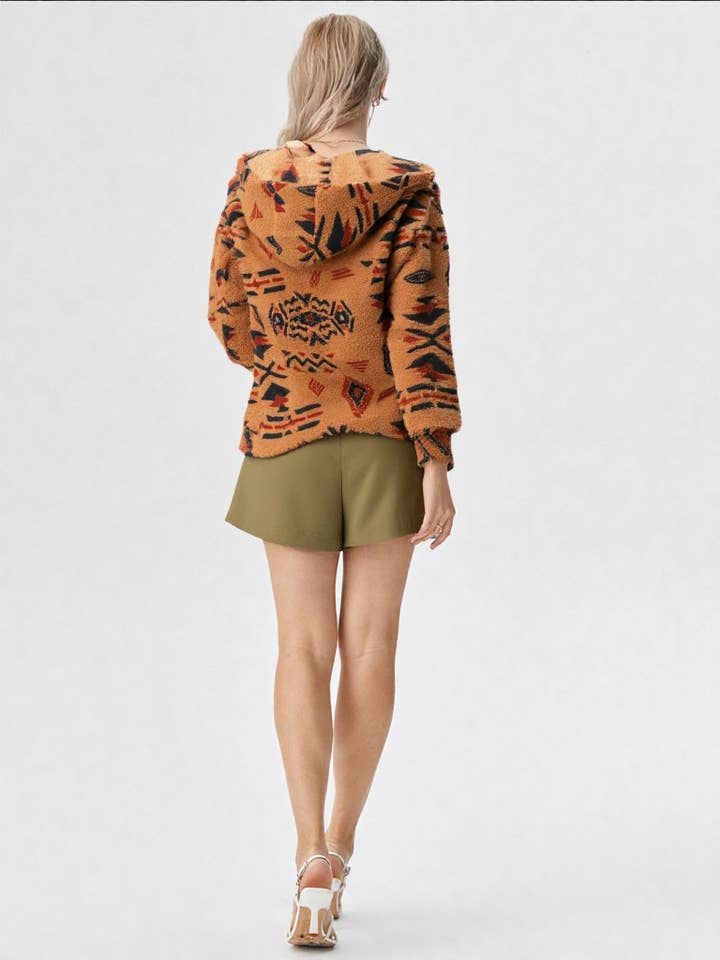 VERY J - Wholesale Jacket - Women's - NJ90199-Aztec Tribal Print Hooded Oversize Fleece Jacket