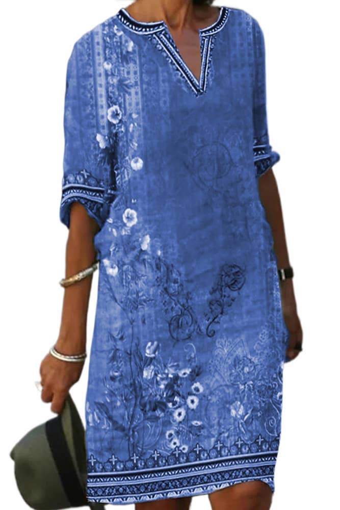 UNISHE - Vente Robe – femme - Robe t-shirt à col en V avec imprimé floral ethnique ZZKF8022