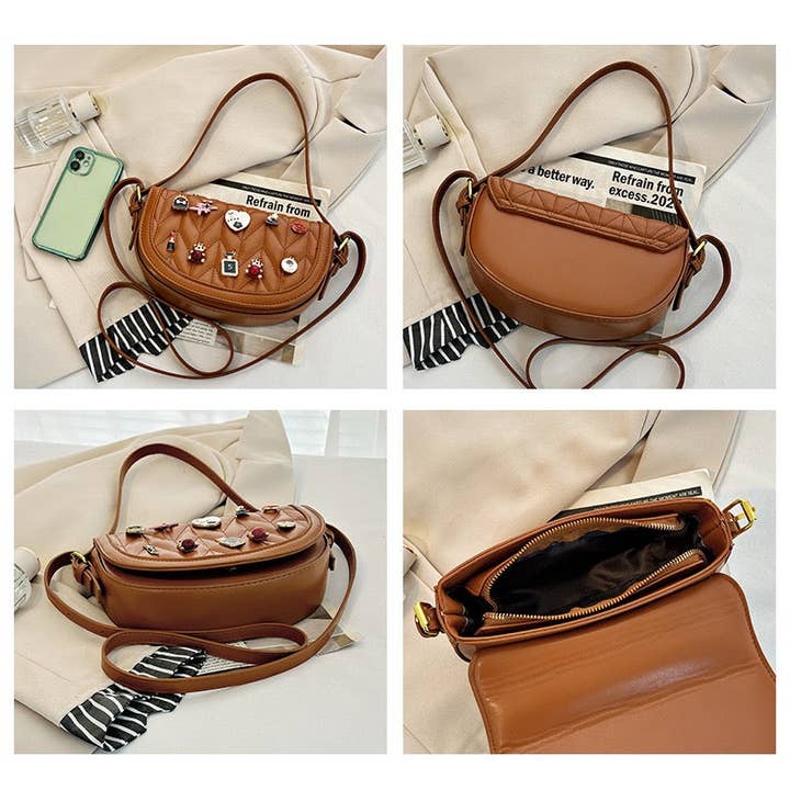 MB Fashion Wholesale - Wholesale Crossbody Bag - Women's - Every Fashion Charm Saddle Crossbody Bag – Quilted PU Leather with Cute Charms 27714